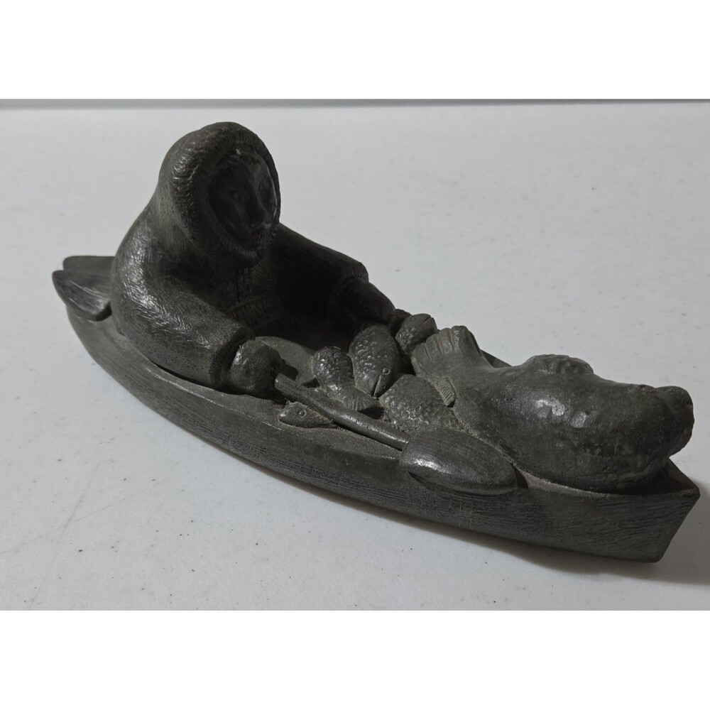 Signed WE Edmond Wolf Handmade Soapstone Eskimo Kayak Catch Of Day 10" Figurine